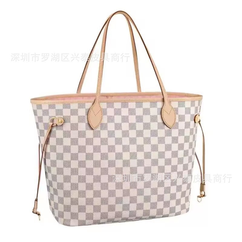Vintage Style Genuine Leather Womens Shoulder Bag Nano Pillow Bag Neverfull Shopping Bag Logo Flower Design LV Mother Child Bag White grid with powder 