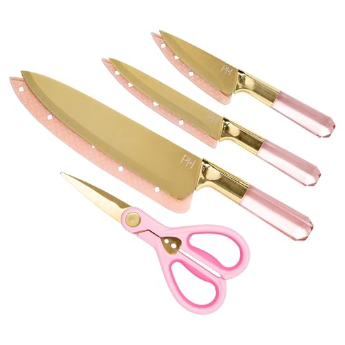 Paris Hilton Stainless Steel Knife Set with Jewel Shaped Handles and Gold Blades Iconic Cutlery Set 4Piece Pink