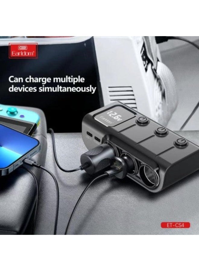 Earldom ES-CS4 Car Cigarette Lighter Splitter with 3 Power Sockets, 2 Type-C PD Fast Charging Outputs, Wired Design, Compact Black Adapter for Multi-Device Charging - Image 4