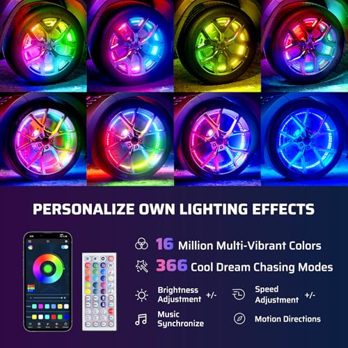 Ehaho 14''-18'' Double Row Adjustable Wheel Lights, Brighter RGB Chasing Rim Lights with App, Music Wheel Ring Light with Turn & Braking Signal Compatible with Various Trucks SUV Car（4PCS） - Image 3