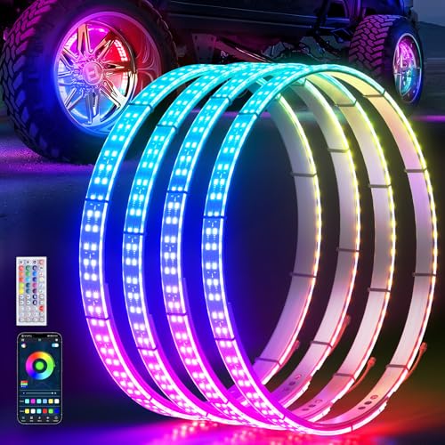 Ehaho 14''-18'' Double Row Adjustable Wheel Lights, Brighter RGB Chasing Rim Lights with App, Music Wheel Ring Light with Turn & Braking Signal Compatible with Various Trucks SUV Car（4PCS） - Image 1