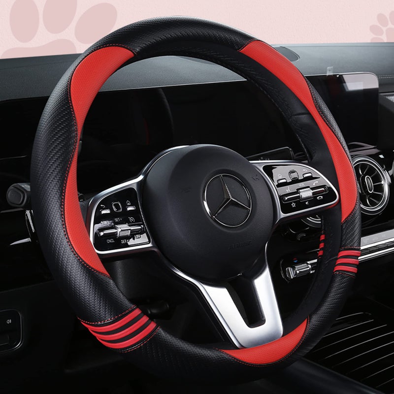 HighnessHwoo Car Steering Wheel Covers for Women Padded Carbon Fiber PU Leather Cute Auto Interior Accessories for Vehicle, Sedan, Universal, Anti Slip, Red, Standard Size, 14.75-15.15in - Image 2
