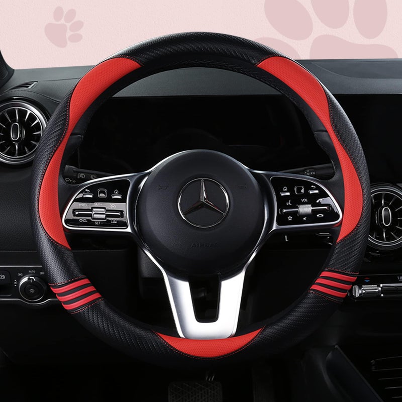 HighnessHwoo Car Steering Wheel Covers for Women Padded Carbon Fiber PU Leather Cute Auto Interior Accessories for Vehicle, Sedan, Universal, Anti Slip, Red, Standard Size, 14.75-15.15in - Image 1