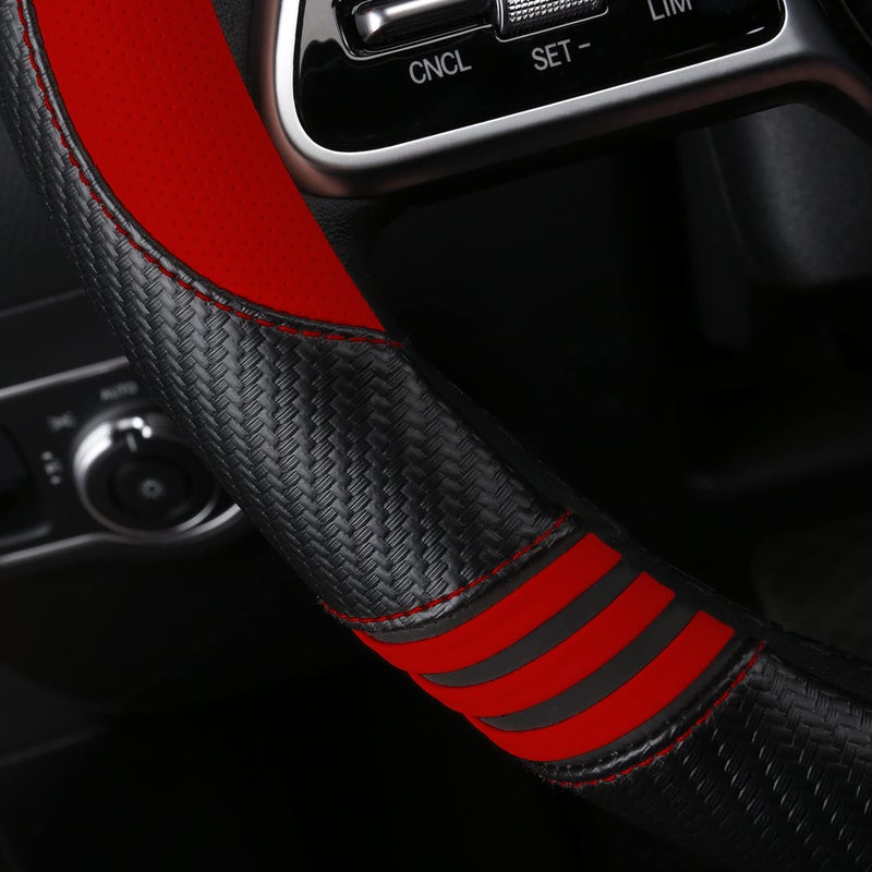 HighnessHwoo Car Steering Wheel Covers for Women Padded Carbon Fiber PU Leather Cute Auto Interior Accessories for Vehicle, Sedan, Universal, Anti Slip, Red, Standard Size, 14.75-15.15in - Image 4