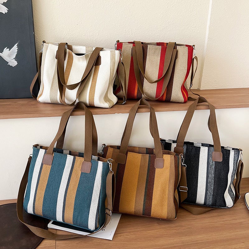Canvas Bag Stripesd Tote Bag 2023 New Women'S Bag Japanese Style Sweet Contrasting Color Handbag Crossbody Bag Large Capacity - Image 2