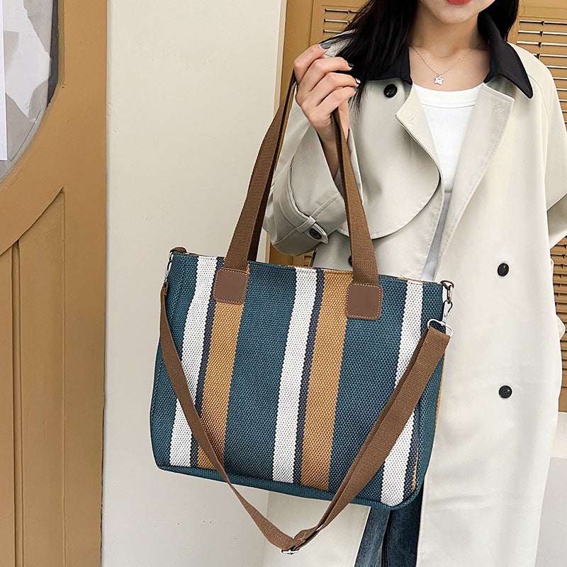 Canvas Bag Stripesd Tote Bag 2023 New Women'S Bag Japanese Style Sweet Contrasting Color Handbag Crossbody Bag Large Capacity - Image 4
