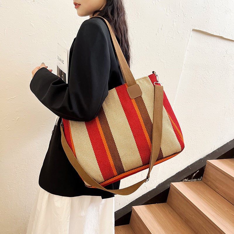 Canvas Bag Stripesd Tote Bag 2023 New Women'S Bag Japanese Style Sweet Contrasting Color Handbag Crossbody Bag Large Capacity - Image 1