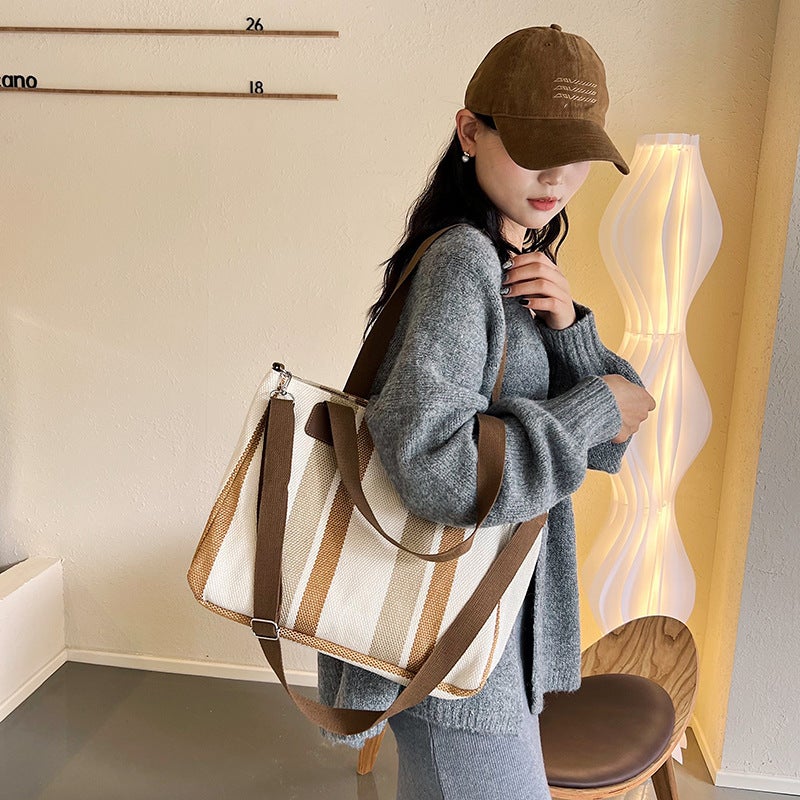 Canvas Bag Stripesd Tote Bag 2023 New Women'S Bag Japanese Style Sweet Contrasting Color Handbag Crossbody Bag Large Capacity - Image 5