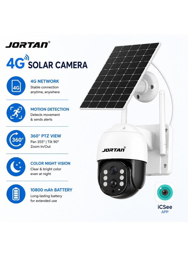 JORTAN 6MP 4G Wireless Solar Outdoor Camera, Color Night Vision, IP66 Weatherproof, Motion Detection, Motion Tracking, Two Way Talking, 10800 mAh Big Battery, 8 Watt Solar Panel, 24/7 Recording. - Image 1