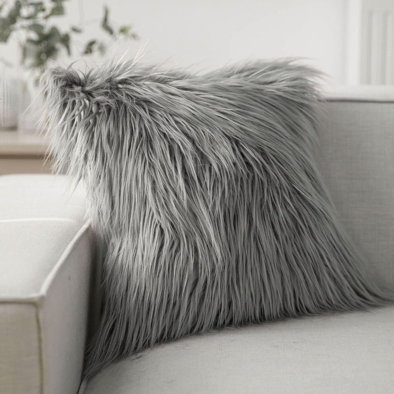 Phantoscope Faux Fur Pillow Cover Decorative Fluffy Throw Pillow Mongolian Luxury Fuzzy Pillow Case Cushion Cover for Bedroom and Couch Gray 26 x 26 Inches - Image 1