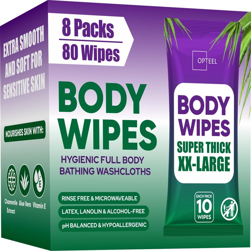 OPTEEL Thick & Large Body Wipes for Adults Bathing No Rinse â€“ Shower Wipe, Ideal for Men, Women & Elderly â€“ Soft & Gentle, Travel Wipes Perfect Alternative to Shower â€“ 8 Packs (80ct) - Image 1