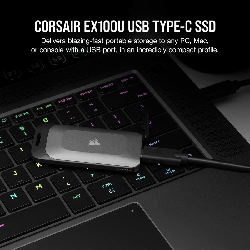CORSAIR Corsair EX100U 1TB Portable USB Type-C Storage Drive - Blazing-Fast Storage to Any PC/Mac/Console, Gen2 x2 Connection, Up to 20Gbps, Plug and Play, Included USB Type-C and USB Type-A Cables - Black - Image 2