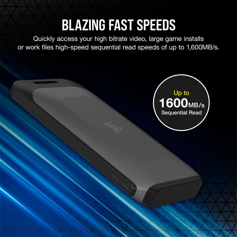 CORSAIR Corsair EX100U 1TB Portable USB Type-C Storage Drive - Blazing-Fast Storage to Any PC/Mac/Console, Gen2 x2 Connection, Up to 20Gbps, Plug and Play, Included USB Type-C and USB Type-A Cables - Black - Image 3