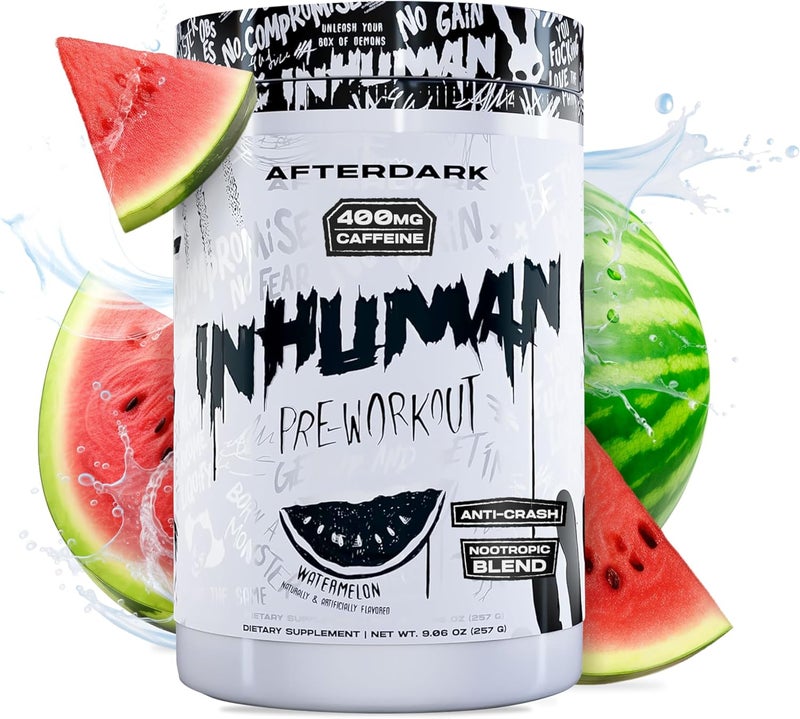 AFTERDARK INHUMAN PreWorkout Powder Enhanced MindMuscle Connection Sustained Energy Potent Nootropic Blend Vegan GlutenFree SoyFree 400mg Caffeine No Crash Watermelon - Image 1