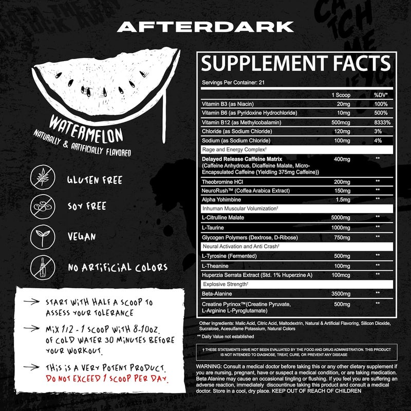 AFTERDARK INHUMAN PreWorkout Powder Enhanced MindMuscle Connection Sustained Energy Potent Nootropic Blend Vegan GlutenFree SoyFree 400mg Caffeine No Crash Watermelon - Image 3