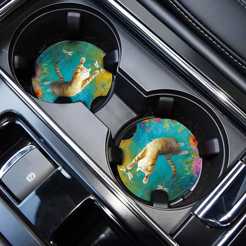 WOCOCN Cute Cup Holder Coasters for Your Car with Fingertip Grip, Auto Accessories for Women & Men,Pack of 2 (Swimming Black Cat) - Image 1