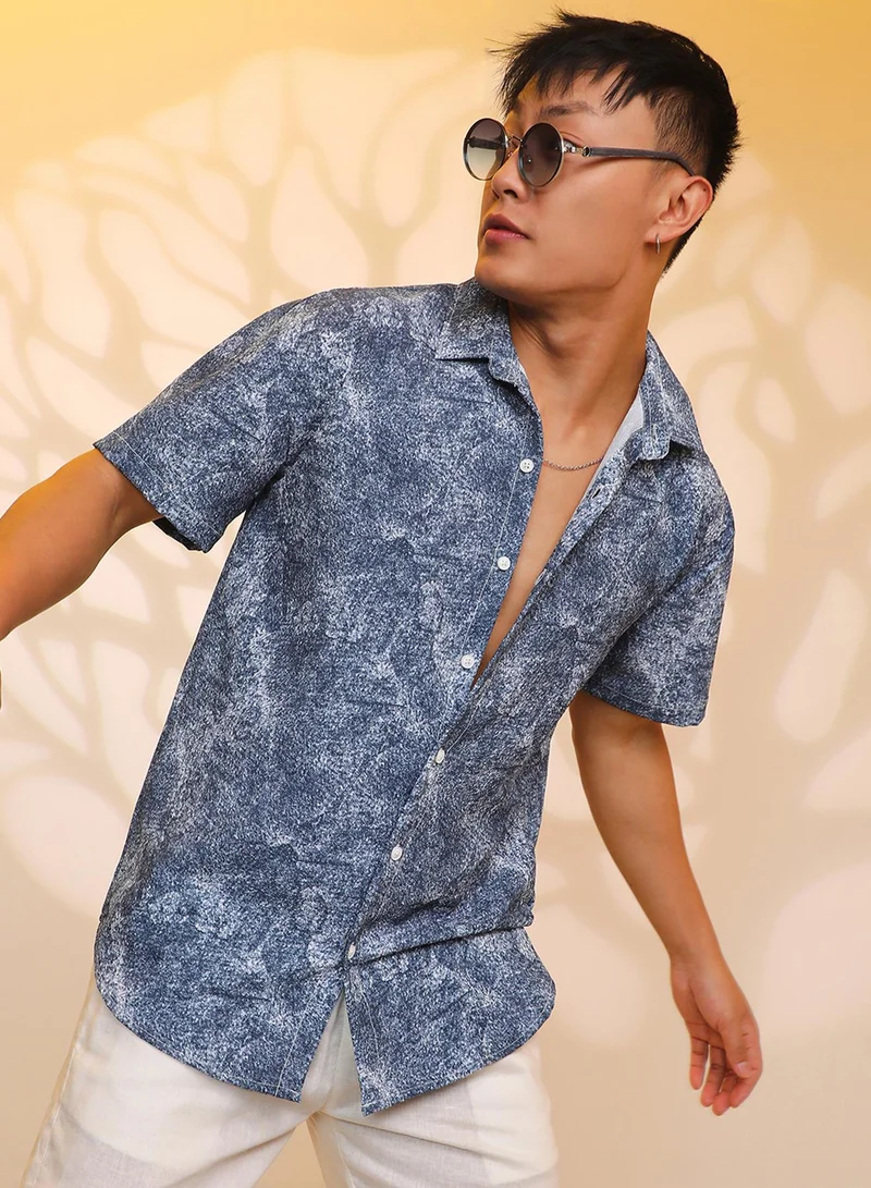 Campus Sutra Campus Sutra Men's Navy Blue Contrast Hazy Shirt For Casual Wear | Spread Collar | Short Sleeve | Button Closure | Shirt Crafted With Comfort Fit For Everyday Wear