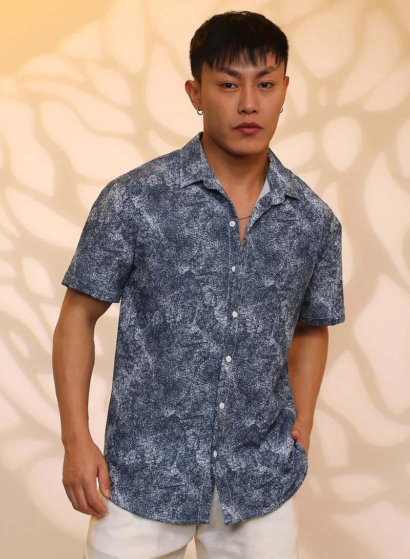 Campus Sutra Campus Sutra Men's Navy Blue Contrast Hazy Shirt For Casual Wear | Spread Collar | Short Sleeve | Button Closure | Shirt Crafted With Comfort Fit For Everyday Wear