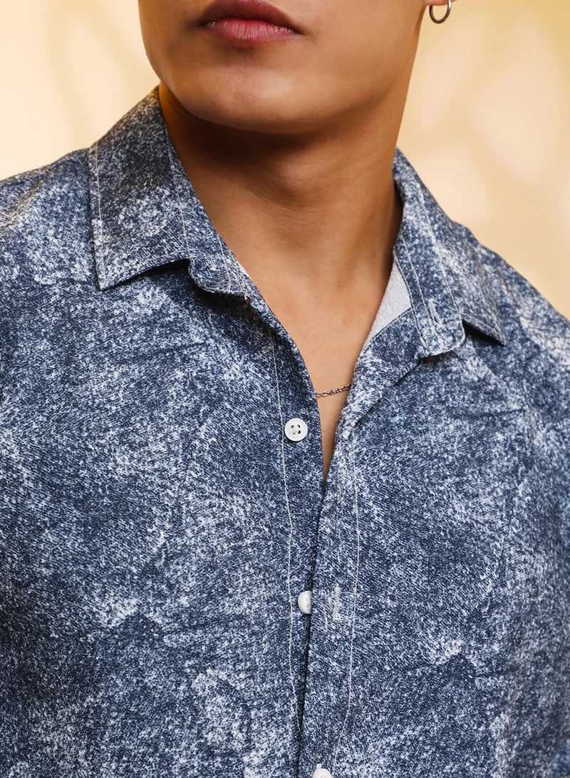 Campus Sutra Campus Sutra Men's Navy Blue Contrast Hazy Shirt For Casual Wear | Spread Collar | Short Sleeve | Button Closure | Shirt Crafted With Comfort Fit For Everyday Wear