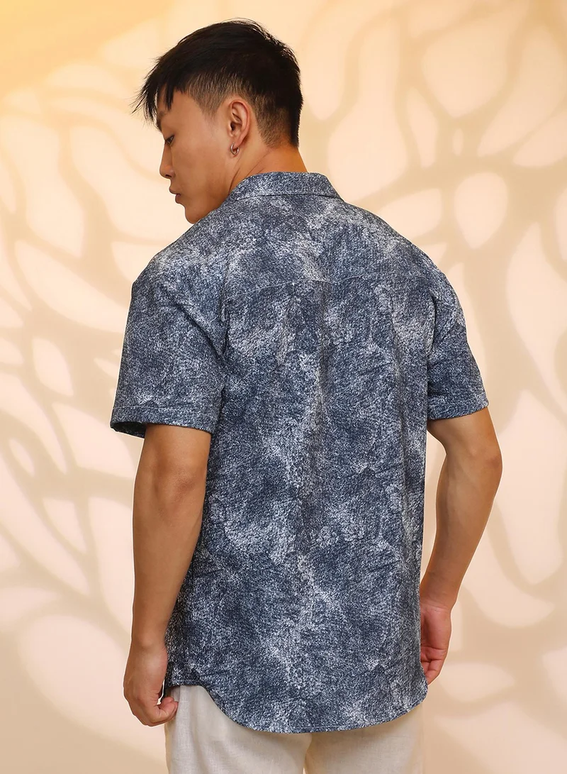Campus Sutra Campus Sutra Men's Navy Blue Contrast Hazy Shirt For Casual Wear | Spread Collar | Short Sleeve | Button Closure | Shirt Crafted With Comfort Fit For Everyday Wear