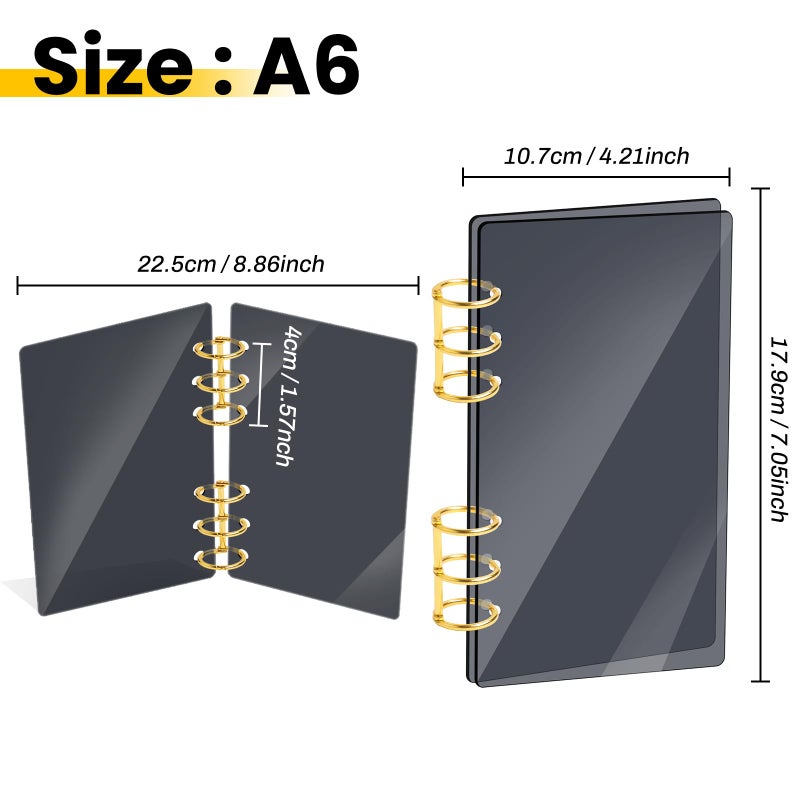 SBYURE A6 Binder Black Acrylic Notebook Cover 6-Hole Binder Notebook Refillable Planner Cover with Gold Metal Round Ring for School Meeting Travel Office - Image 3