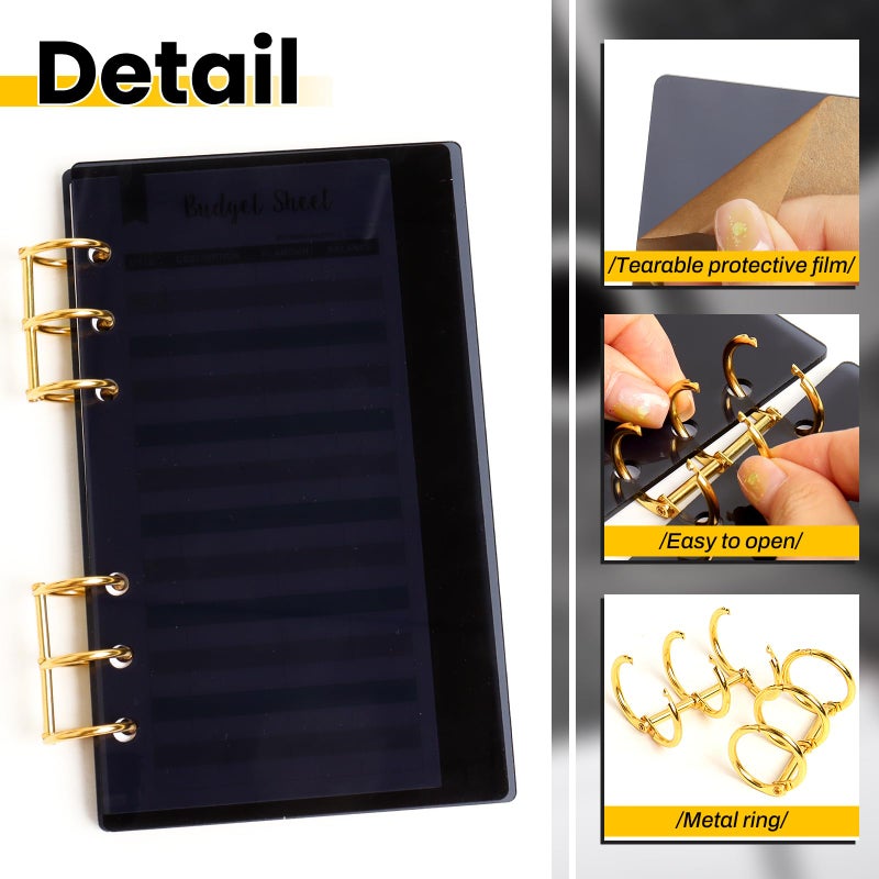 SBYURE A6 Binder Black Acrylic Notebook Cover 6-Hole Binder Notebook Refillable Planner Cover with Gold Metal Round Ring for School Meeting Travel Office - Image 4