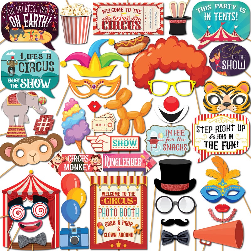 Carnival Photo Booth Props  41pc Photobooth Kit with 8 x 10Inch Sign 60 Adhesive Pads 45 Sticks  Circus Theme Party Decorations  Carnival Backdrop