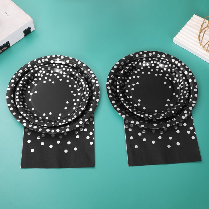 Boocikey 150 PCS Black Plates and Napkins Party Supplies Black Paper Plates Severs 50 Silver Party Decorations for Graduation Birthday Retirement Wedding Decorations - Image 5