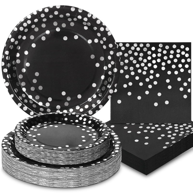 Boocikey 150 PCS Black Plates and Napkins Party Supplies Black Paper Plates Severs 50 Silver Party Decorations for Graduation Birthday Retirement Wedding Decorations - Image 1