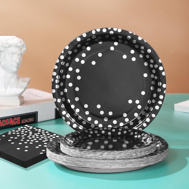 Boocikey 150 PCS Black Plates and Napkins Party Supplies Black Paper Plates Severs 50 Silver Party Decorations for Graduation Birthday Retirement Wedding Decorations - Image 4