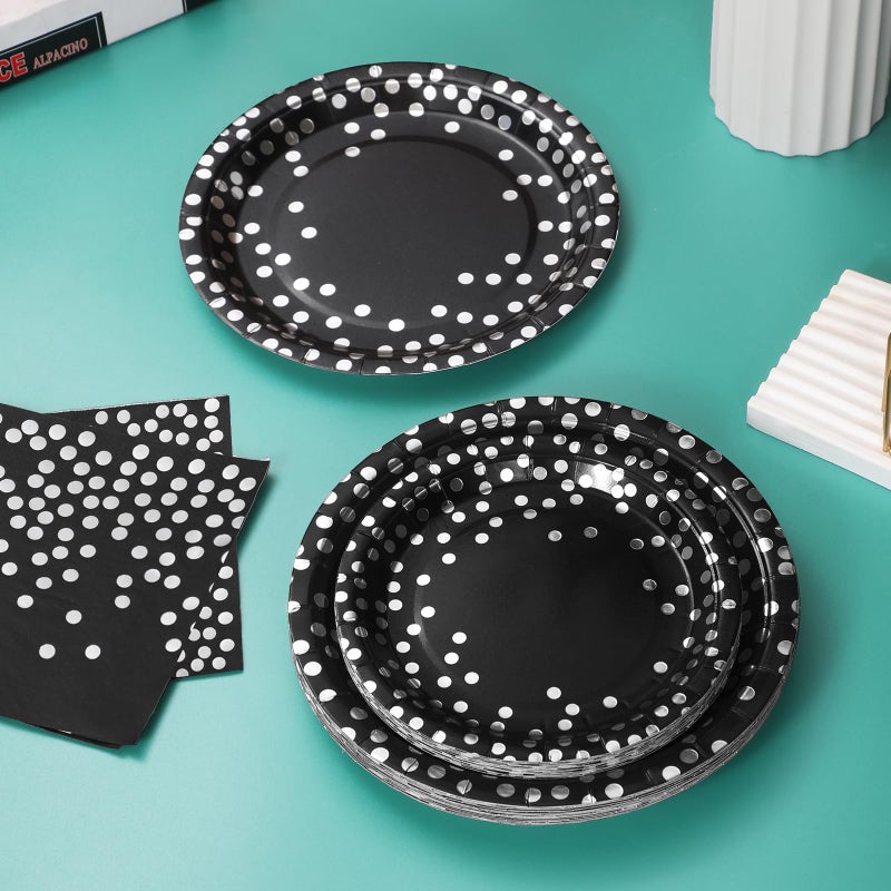 Boocikey 150 PCS Black Plates and Napkins Party Supplies Black Paper Plates Severs 50 Silver Party Decorations for Graduation Birthday Retirement Wedding Decorations - Image 3