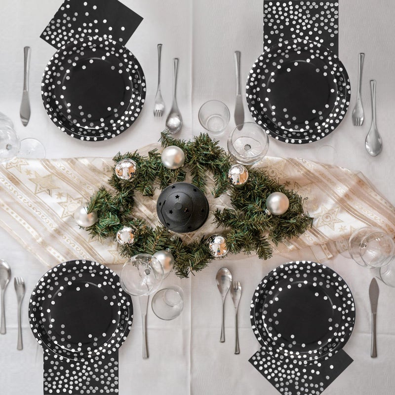 Boocikey 150 PCS Black Plates and Napkins Party Supplies Black Paper Plates Severs 50 Silver Party Decorations for Graduation Birthday Retirement Wedding Decorations - Image 2