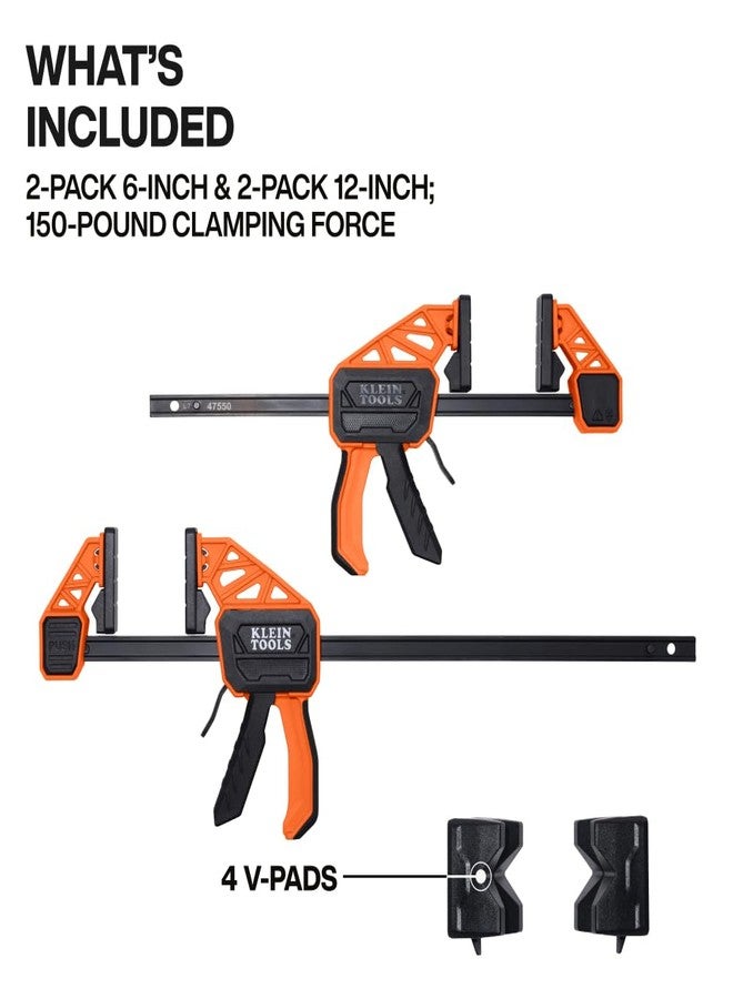 Klein Tools 47552 Speed-Klamp 6-Inch and 12-Inch, Clamp / Spreader 4-Pack, 150-Pound Clamping Force, One-Handed-Operation for Woodworking and Metal Projects - Image 2