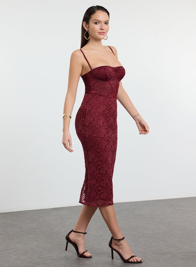 trendyol Burgundy Lined Lace Knit Midi Evening Prom Dress - Image 1