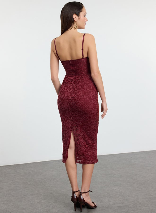 trendyol Burgundy Lined Lace Knit Midi Evening Prom Dress - Image 5