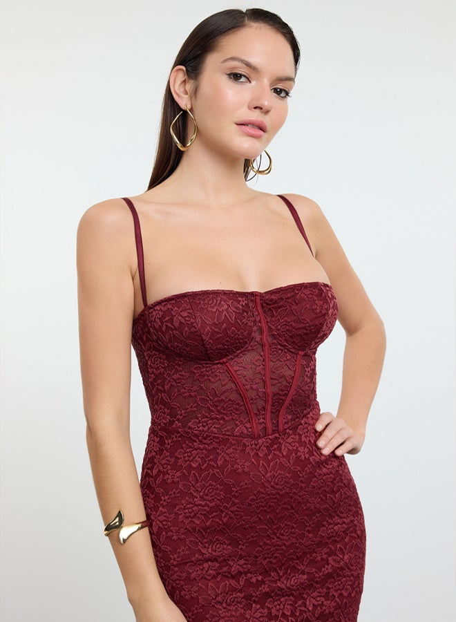 trendyol Burgundy Lined Lace Knit Midi Evening Prom Dress - Image 3