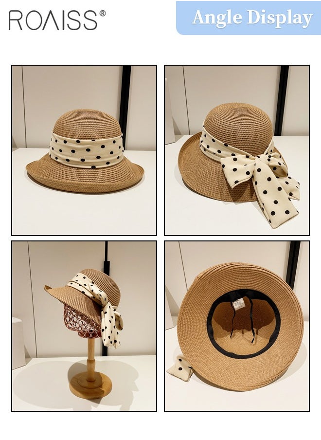 roaiss - Wide Brim Bow Decor Straw Hat for Women, Holiday Straw Beach Hat with Polka Dot Ribbon Decoration, Retro Silk Scarf Streamer Sun Hat Suitable for Outdoor Travel Vacation - Image 1