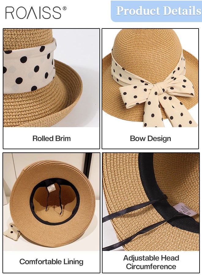 roaiss - Wide Brim Bow Decor Straw Hat for Women, Holiday Straw Beach Hat with Polka Dot Ribbon Decoration, Retro Silk Scarf Streamer Sun Hat Suitable for Outdoor Travel Vacation - Image 1