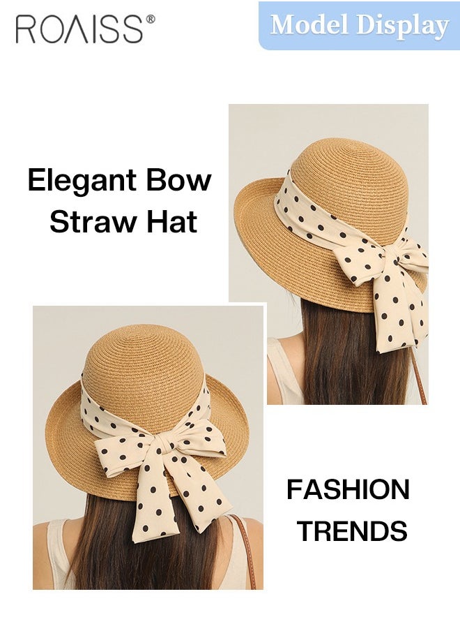 roaiss - Wide Brim Bow Decor Straw Hat for Women, Holiday Straw Beach Hat with Polka Dot Ribbon Decoration, Retro Silk Scarf Streamer Sun Hat Suitable for Outdoor Travel Vacation - Image 1
