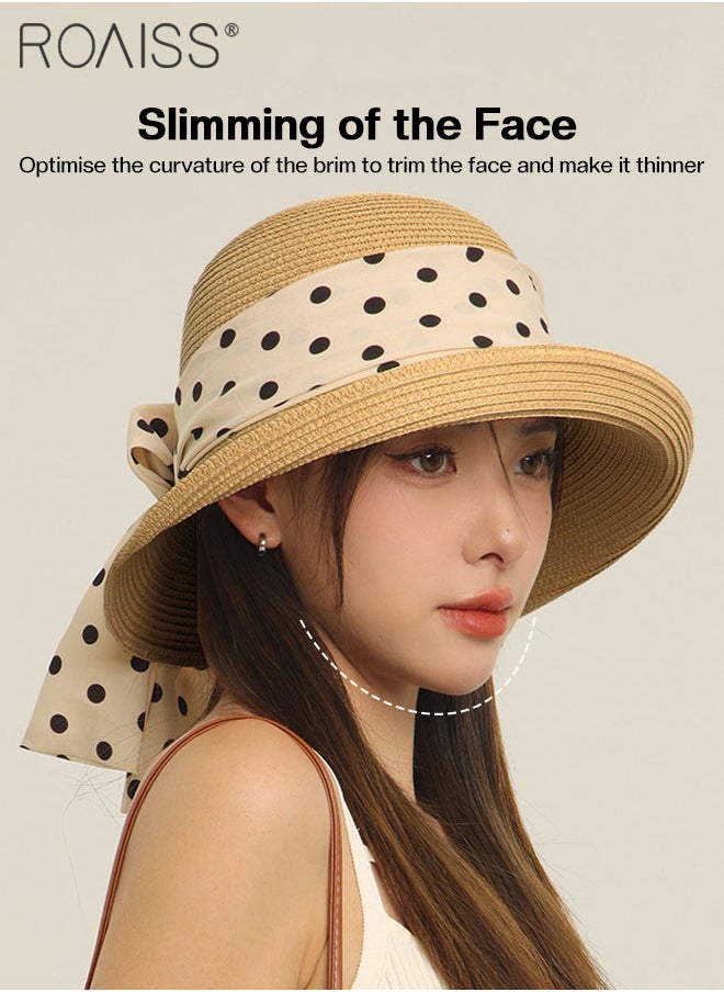 roaiss - Wide Brim Bow Decor Straw Hat for Women, Holiday Straw Beach Hat with Polka Dot Ribbon Decoration, Retro Silk Scarf Streamer Sun Hat Suitable for Outdoor Travel Vacation - Image 1