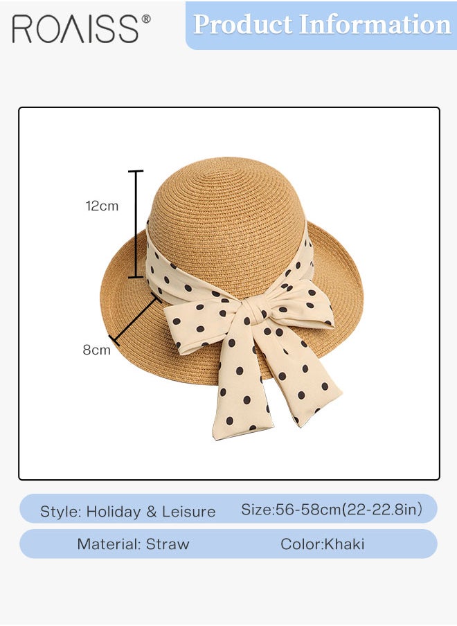 roaiss - Wide Brim Bow Decor Straw Hat for Women, Holiday Straw Beach Hat with Polka Dot Ribbon Decoration, Retro Silk Scarf Streamer Sun Hat Suitable for Outdoor Travel Vacation - Image 1