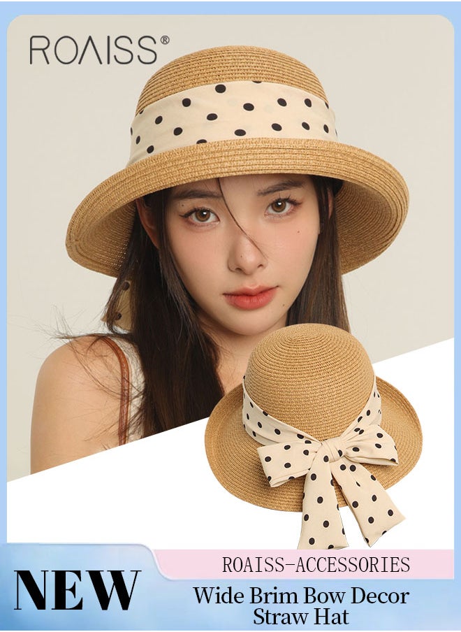 roaiss - Wide Brim Bow Decor Straw Hat for Women, Holiday Straw Beach Hat with Polka Dot Ribbon Decoration, Retro Silk Scarf Streamer Sun Hat Suitable for Outdoor Travel Vacation - Image 1