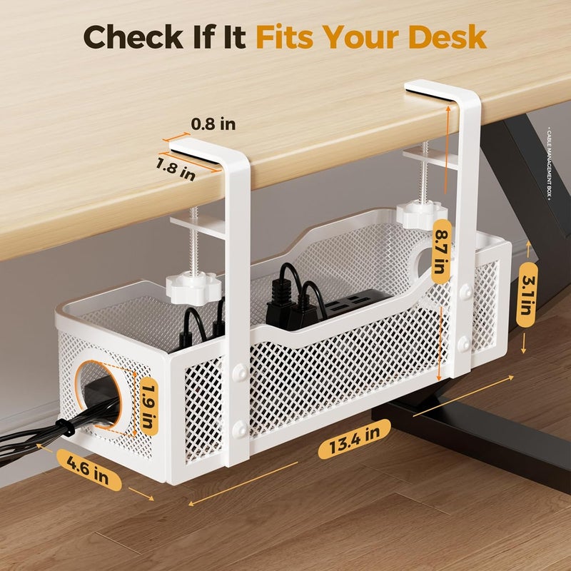 Cinati Under Desk Cable Management Box, 68.1 cm, No Drilling, Cable Organization Tray with Clamp for Office, Home, No Damage to Desk, White, 2 Pack - Image 5