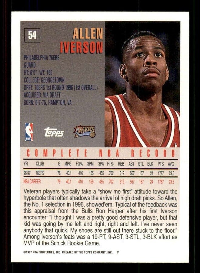 Topps Total 1997-98 Topps Series 1 Basketball #54 Allen Iverson Philadelphia 76ers Official NBA Trading Card (Stock Photo Shown, Card in Near Mint to Mint Condition) - Image 2