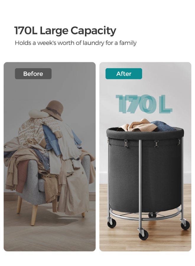 SONGMICS Laundry Basket with Wheels, 170 L, Dirty Laundry Trolley, Basket, Basket, Round, with Steel Frame and Removable Bag, 4 Wheels and 2 Brakes, Laundry Room, Black and Silver - Image 3