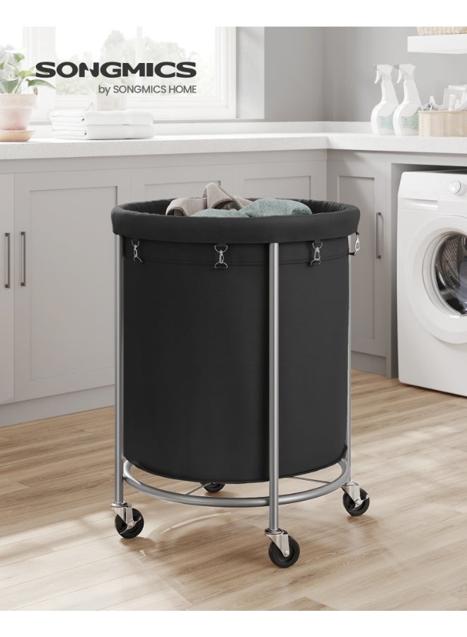 SONGMICS Laundry Basket with Wheels, 170 L, Dirty Laundry Trolley, Basket, Basket, Round, with Steel Frame and Removable Bag, 4 Wheels and 2 Brakes, Laundry Room, Black and Silver - Image 2