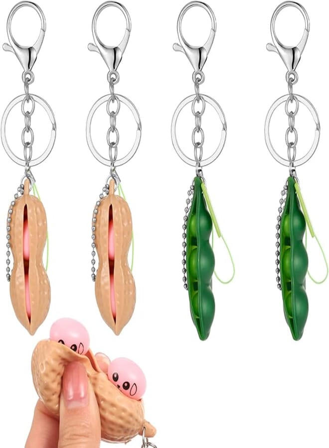 QINREN 4pcs Squeeze Toy Keychain Pendant, Funny Peanut Peas Keychain Pendant Creativity Facial Expression Keychain Pendants Squeeze Toy Keyring Anxiety Stress Reliever for Adults Kids