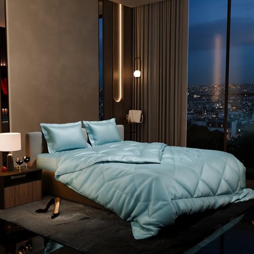 Stoa Paris Comforter Set Double Bed, 300TC Satin Double Bed Comforters, Aesthetic Home Decor, Lightweight, Breathable, Wedding, House Warming Gifts, Date Night - Dream Blue - Image 1