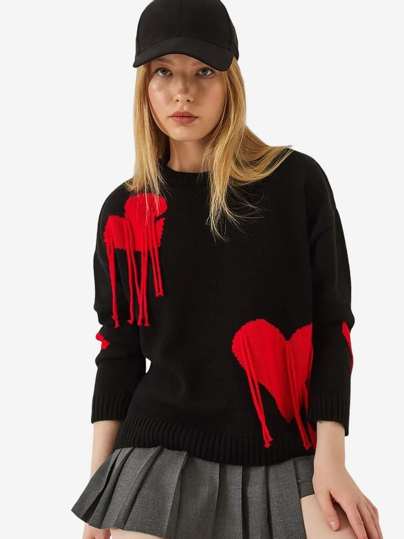 Bianco Lucci LUCCI Frilly Heart Pattern Crew Neck Sweater