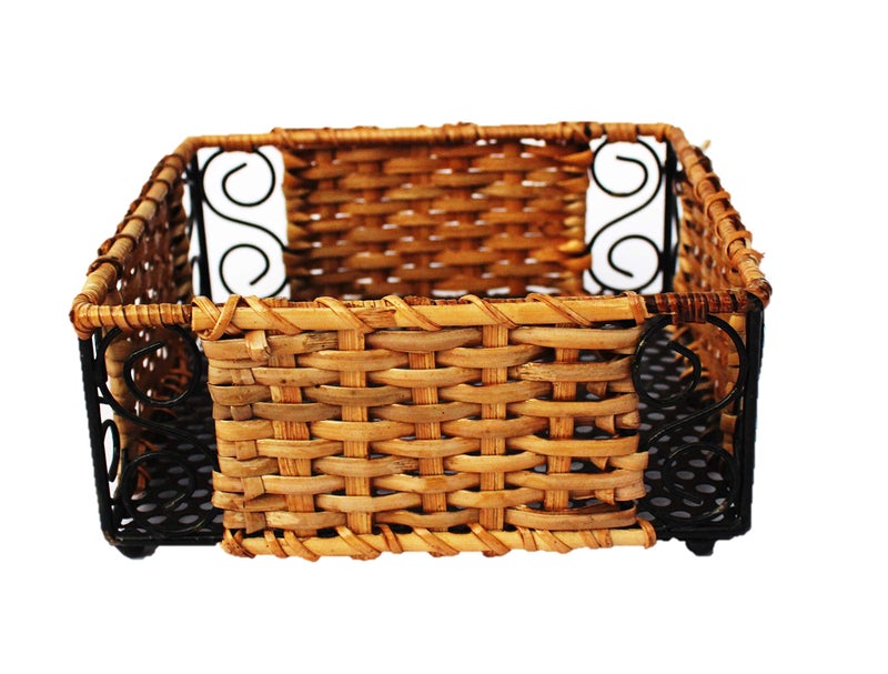 AKWAY Wooden Wicker Tray for Dining Table Serving Tray for Home and Kitchen Storage Tea Bed Tray, 7 inch x 7 inch x 2.5 inch, Black & Beige - Image 2